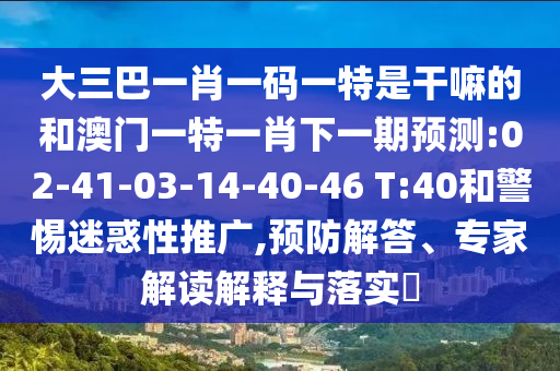 大三巴一肖一碼一特是干嘛的和澳門一特一肖下一期預(yù)測:02-41-03-14-40-46 T:40和警惕迷惑性推廣,預(yù)防解答、專家解讀解釋與落實?